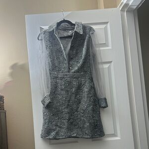 Walter Baker Gray Tweed Mini Dress with Sheer Sleeves